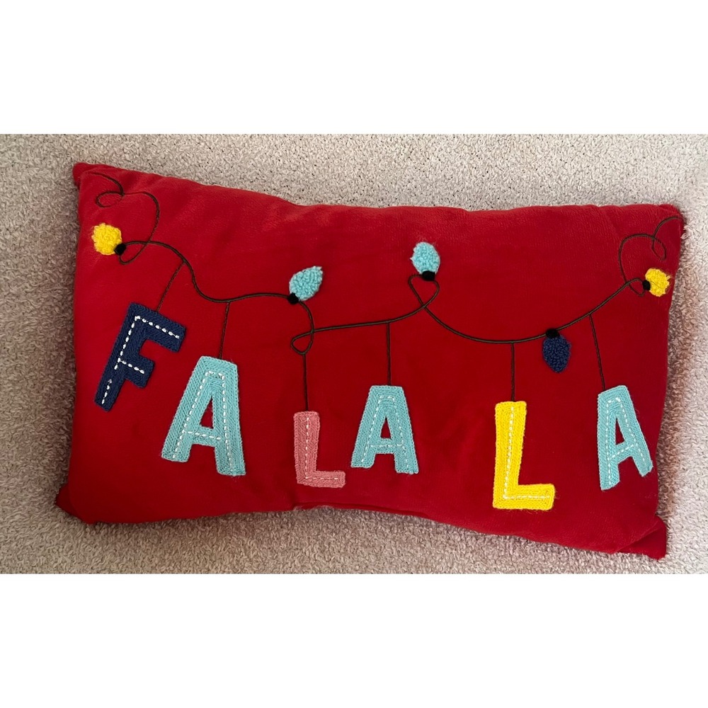 16"x10" Red‎ "Fa La La" Christmas Pillow w/ Lights Embroidered Festive Holiday